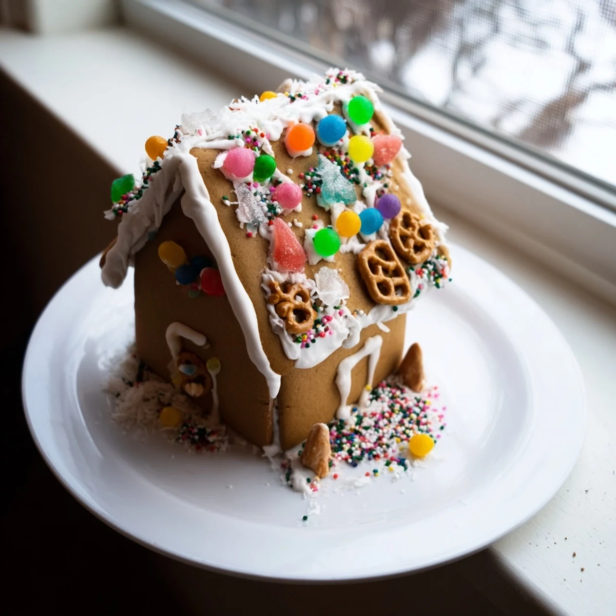 Festive gingerbread house decorating kit with colorful candies, a delicious holiday treat.