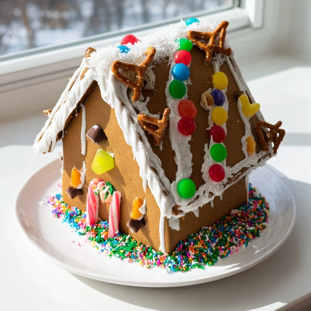 Homemade gingerbread panels, icing, and candies: a classic gingerbread house decorating kit ready to assemble.