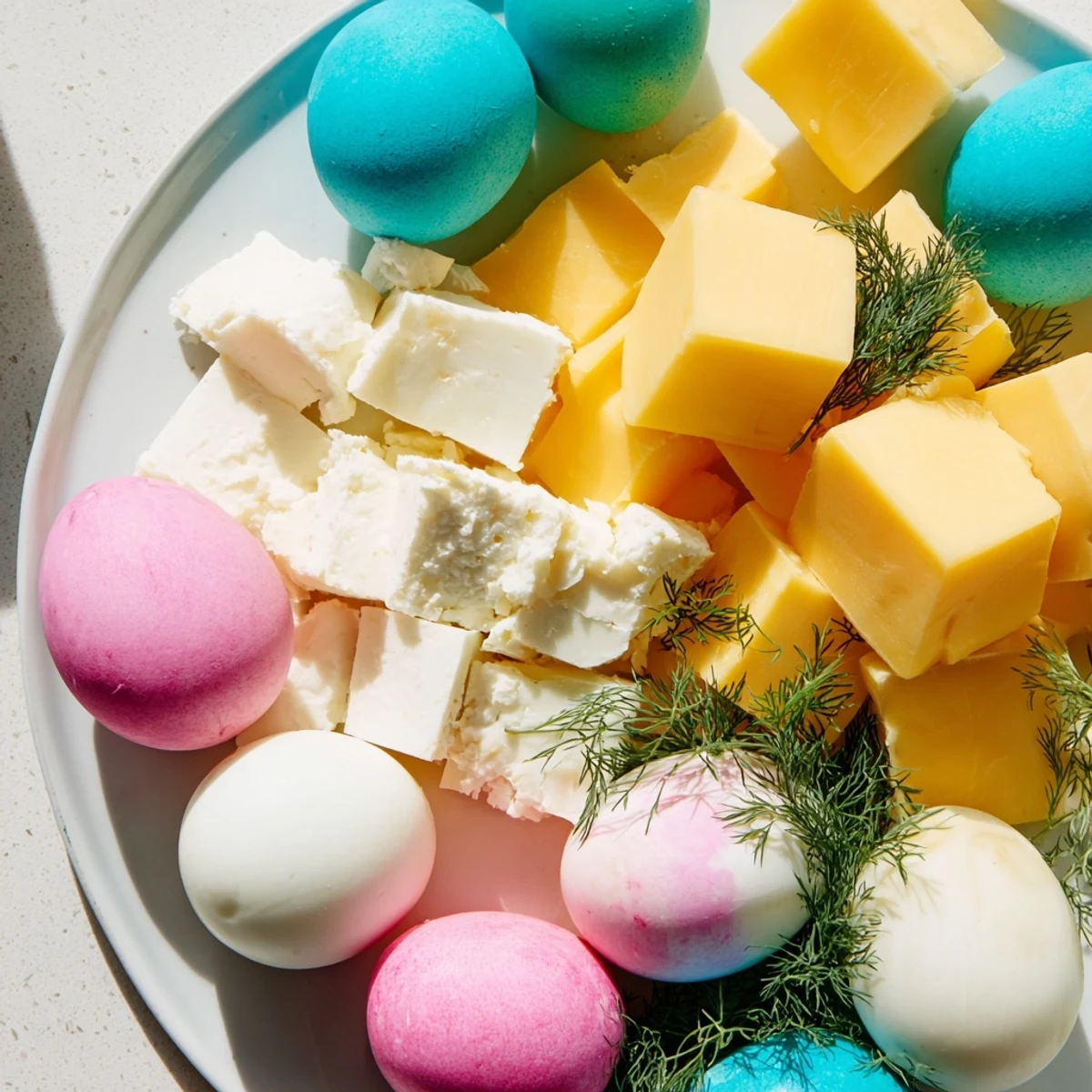 A colorful Easter Egg-cellent Brunch Board overflowing with fresh fruits, cheese, and vibrant boiled eggs, ready to eat.