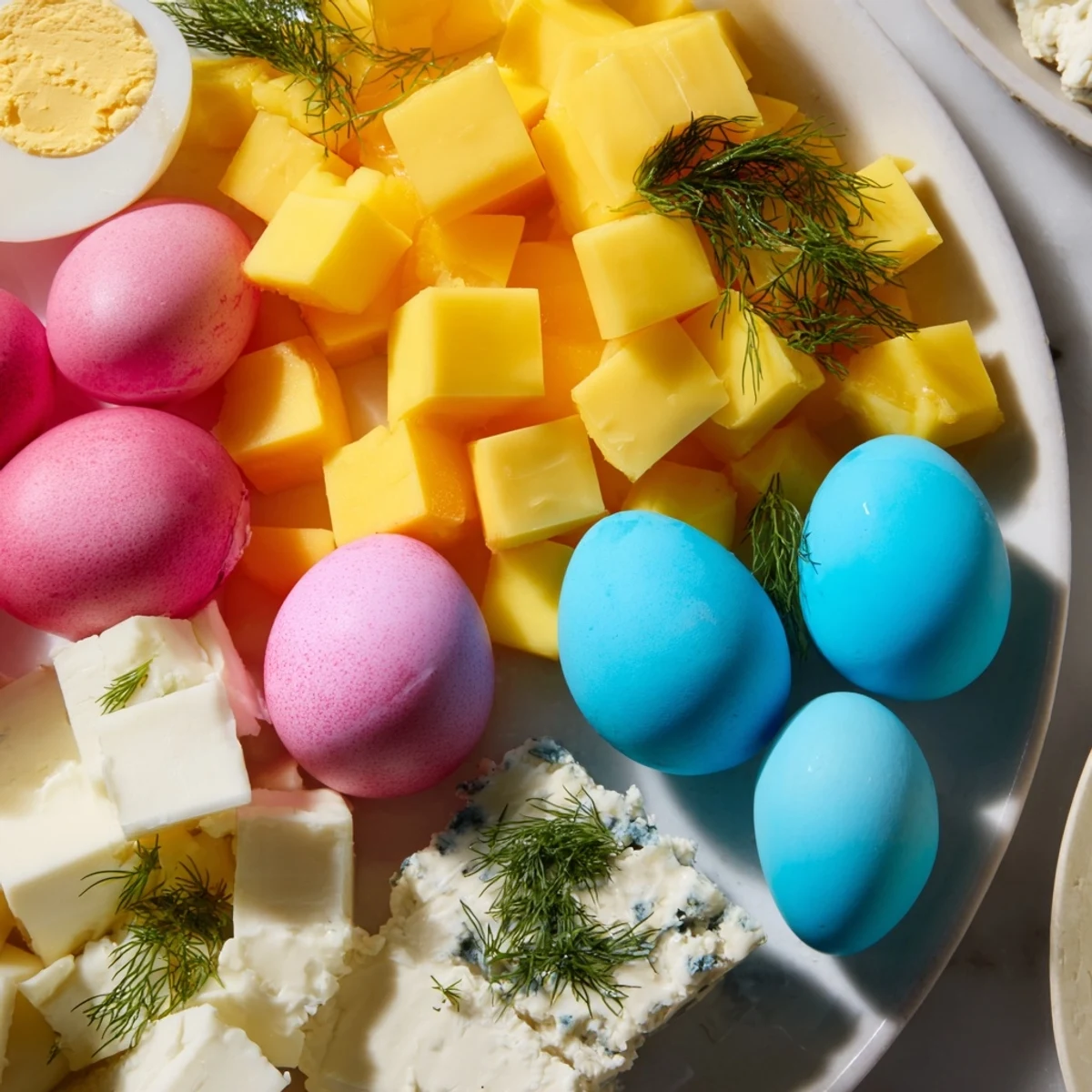 This Easter Egg-cellent Brunch Board features a delicious assortment: creamy cheeses, fresh veggies, and bright fruit for sharing.
