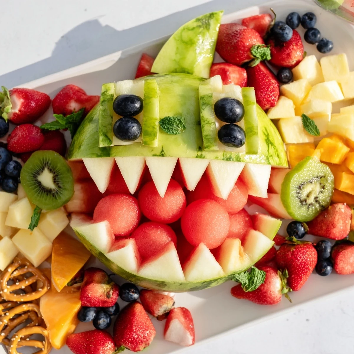 Refreshing Watermelon Wave Shark Snack Board overflowing with vibrant fruits and crunchy pretzels.