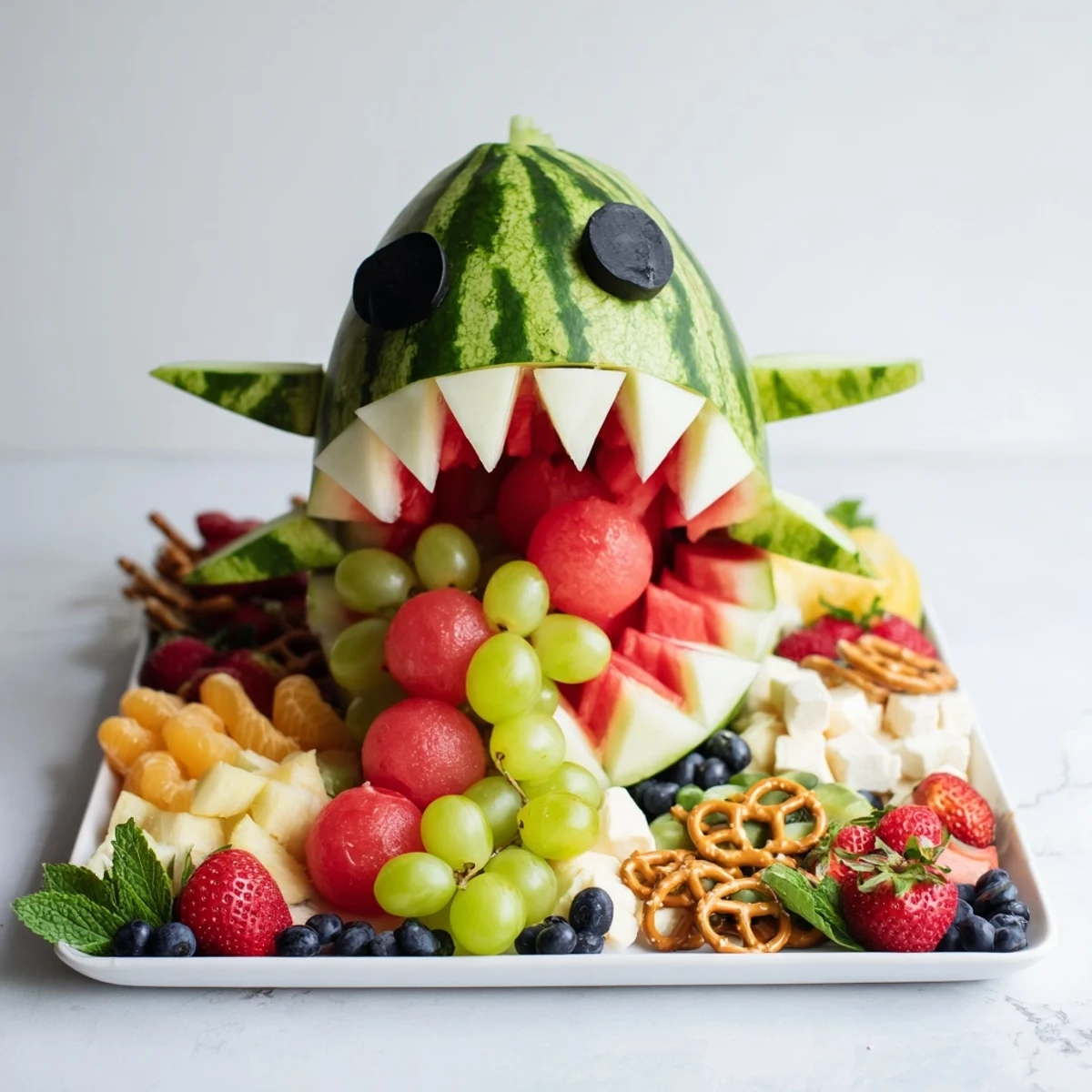 A close-up of a colorful Watermelon Wave Shark Snack Board, perfect for a summer picnic.