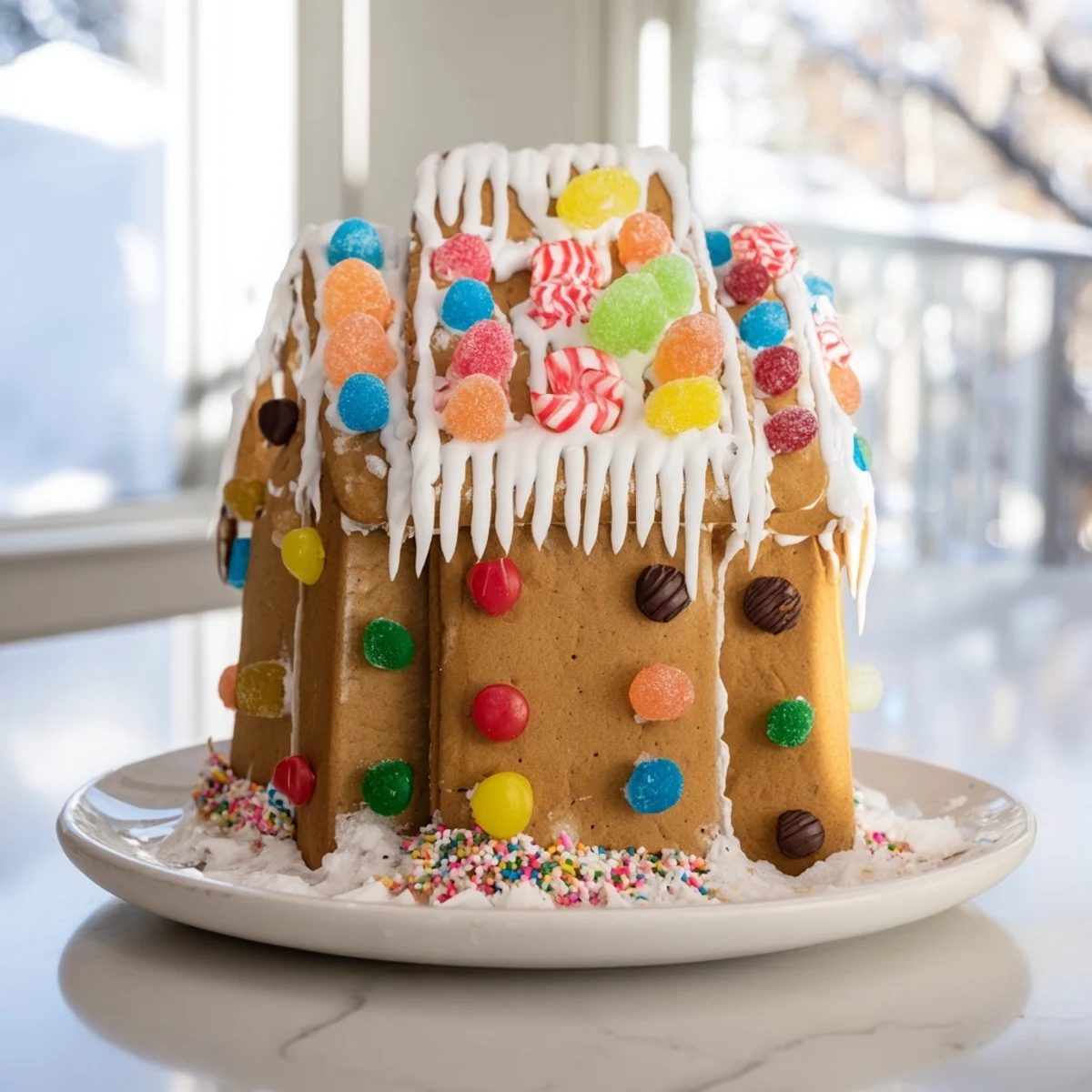 Close-up of a festive gingerbread house, meticulously decorated with colorful candies for Christmas.