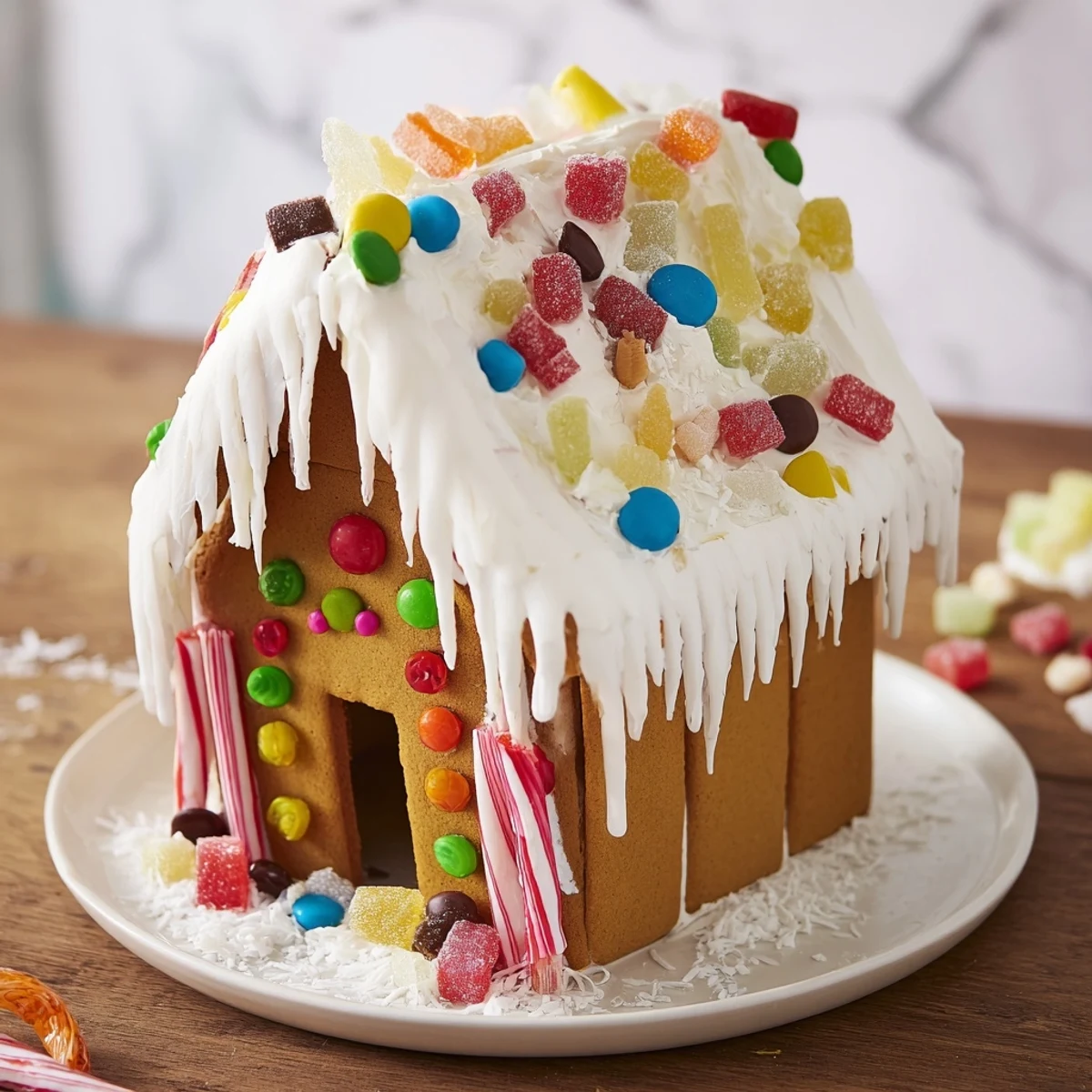 A beautifully crafted gingerbread house, frosted with white icing and dusted with powdered sugar, ready to eat.