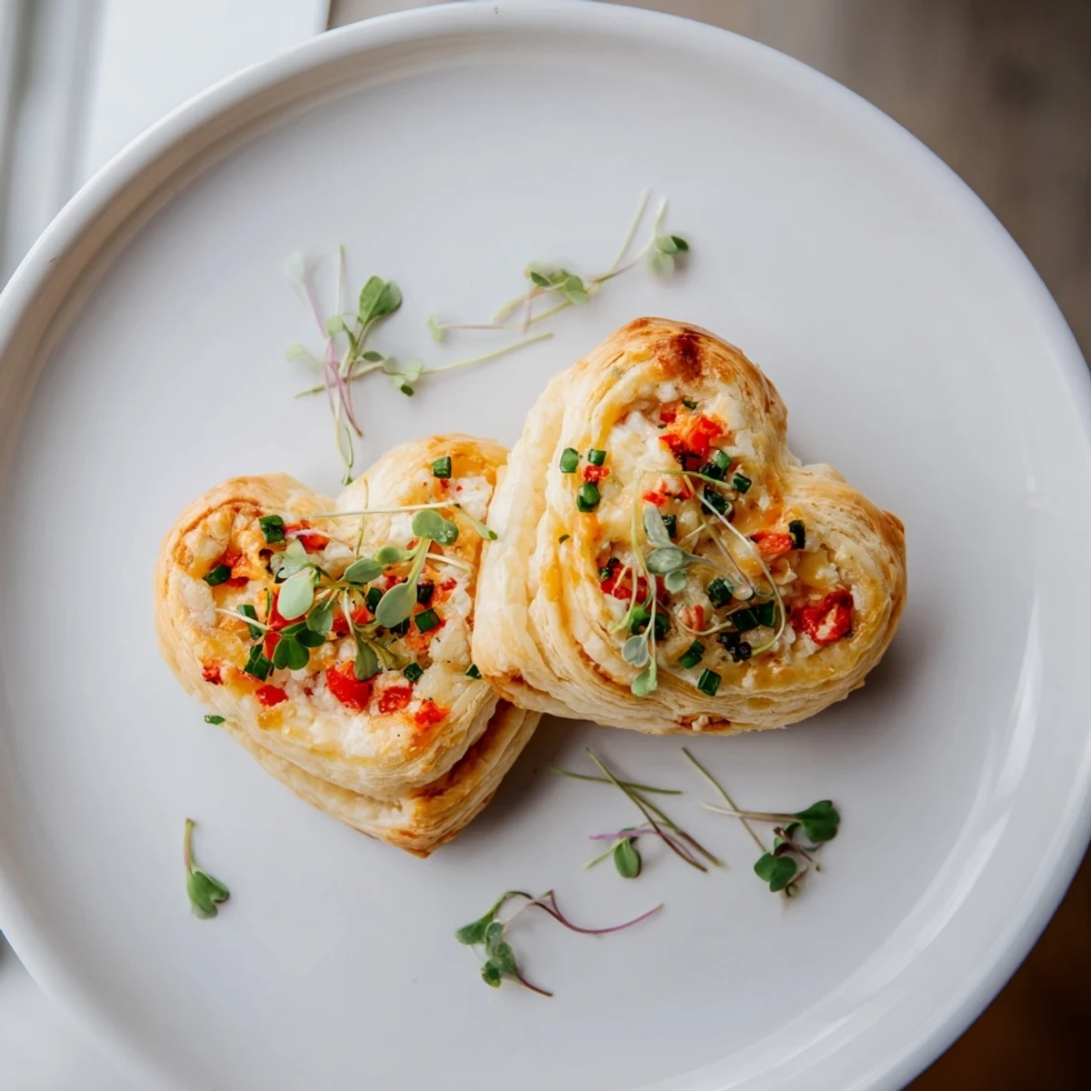 Golden, flaky Cœurs Entrelacés appetizer, showcasing heart-shaped puff pastry with a creamy goat cheese filling.