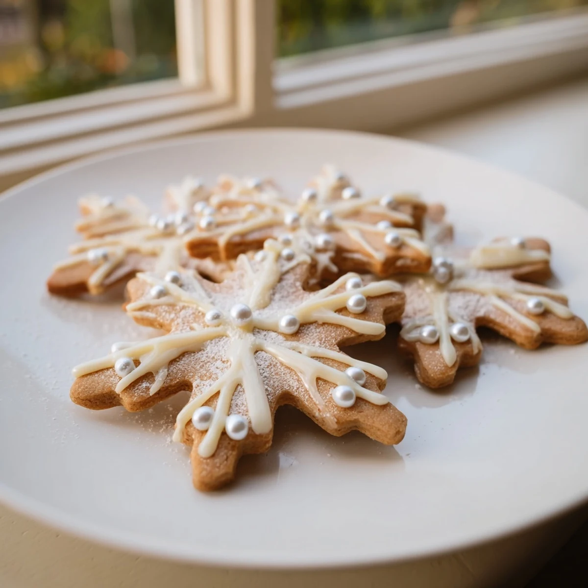 Snowflake Platter cookies decorated with white chocolate and silver sprinkles, ready to serve and enjoy.