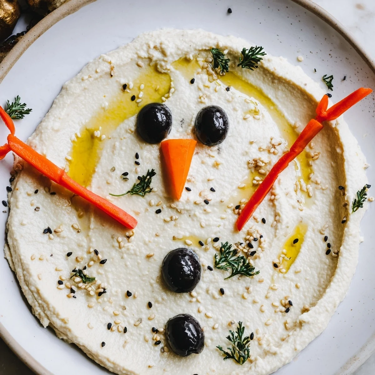 Festive Melted Snowman Hummus Platter, a Mediterranean appetizer with colorful vegetable dippers.