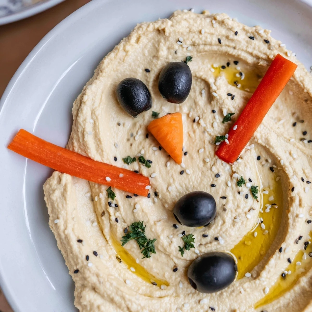 Melted Snowman Hummus Platter with a carrot nose, black olive eyes, and red pepper scarf.