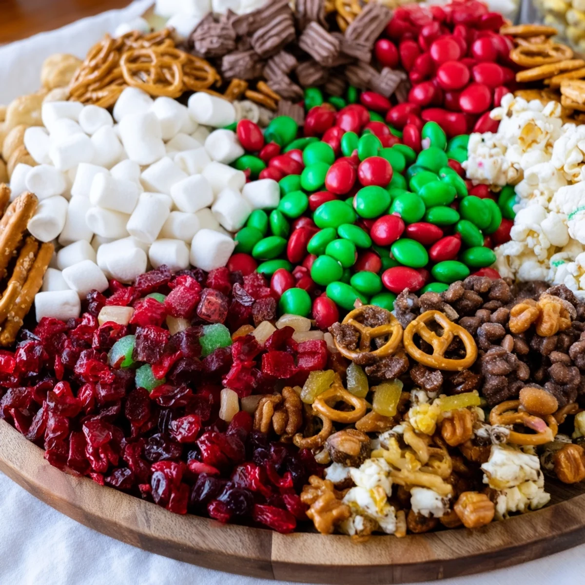 Festive Elf Snack Trail Mix Board boasts colorful candies, pretzels, and dried fruit for easy holiday snacking.