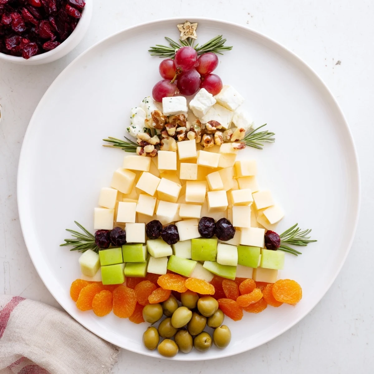 Cranberry Joy Tree Board arranged with colorful cheeses, fruits, and crackers perfect for a holiday appetizer.