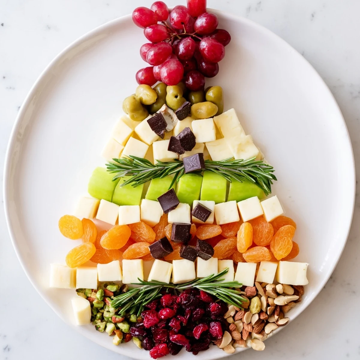 A delightful Cranberry Joy Tree Board features creamy cheeses, glistening cranberries, and savory olives for a party.