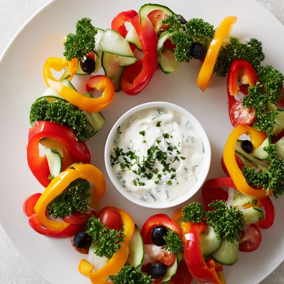 Festive bell pepper wreath, a colorful veggie appetizer arrangement with creamy dip in the center.