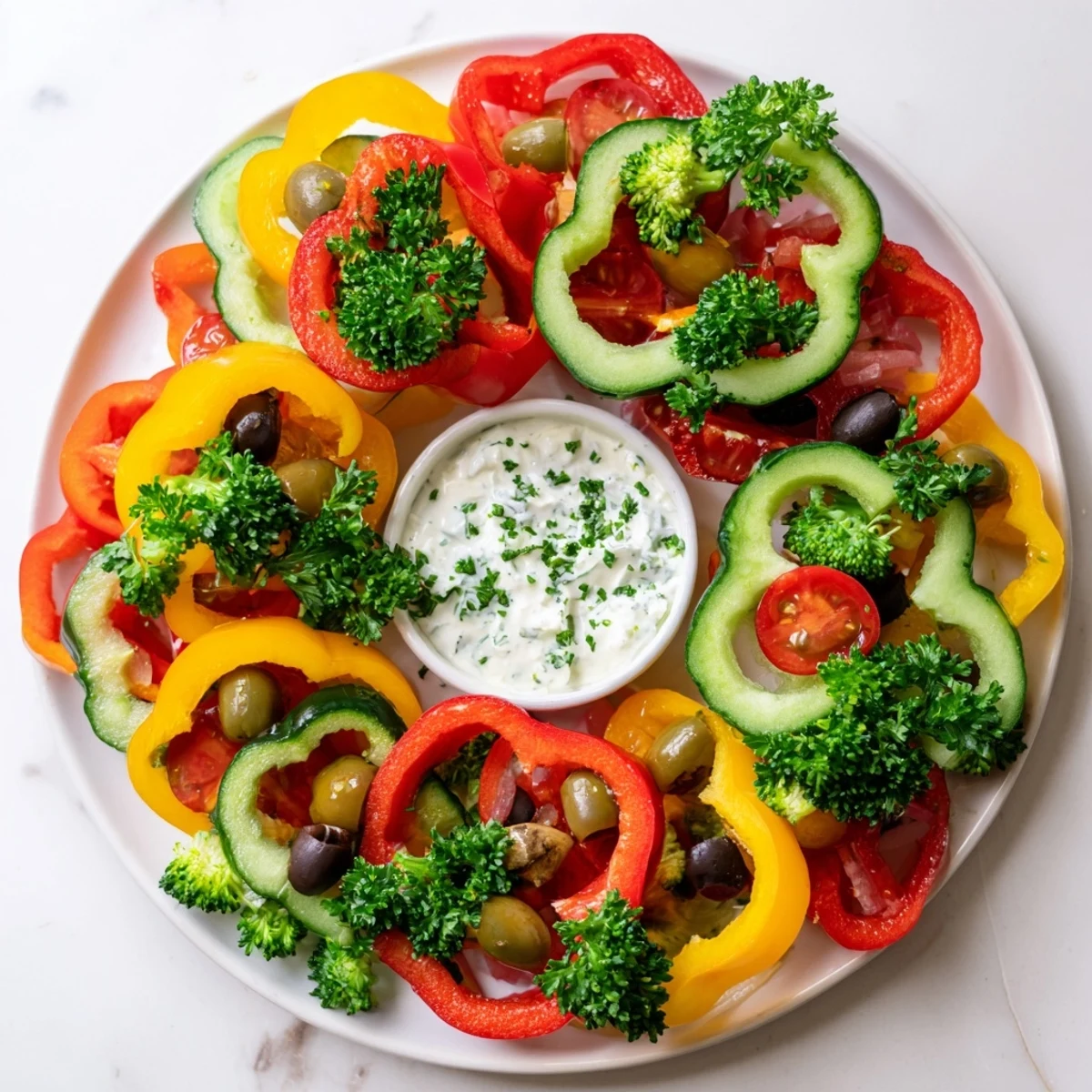 Bright festive bell pepper wreath recipe featuring vivid peppers surrounding a flavorful dip, ready to enjoy.
