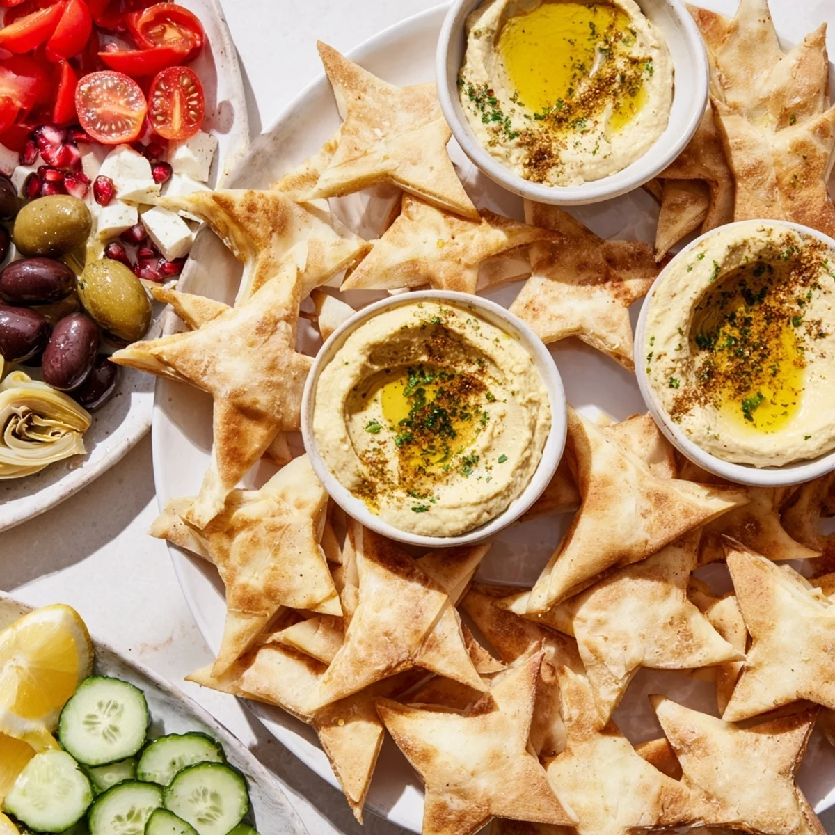 A colorful Three Kings Star Pita Board, perfect for sharing, featuring toasted pita stars and flavorful dips.