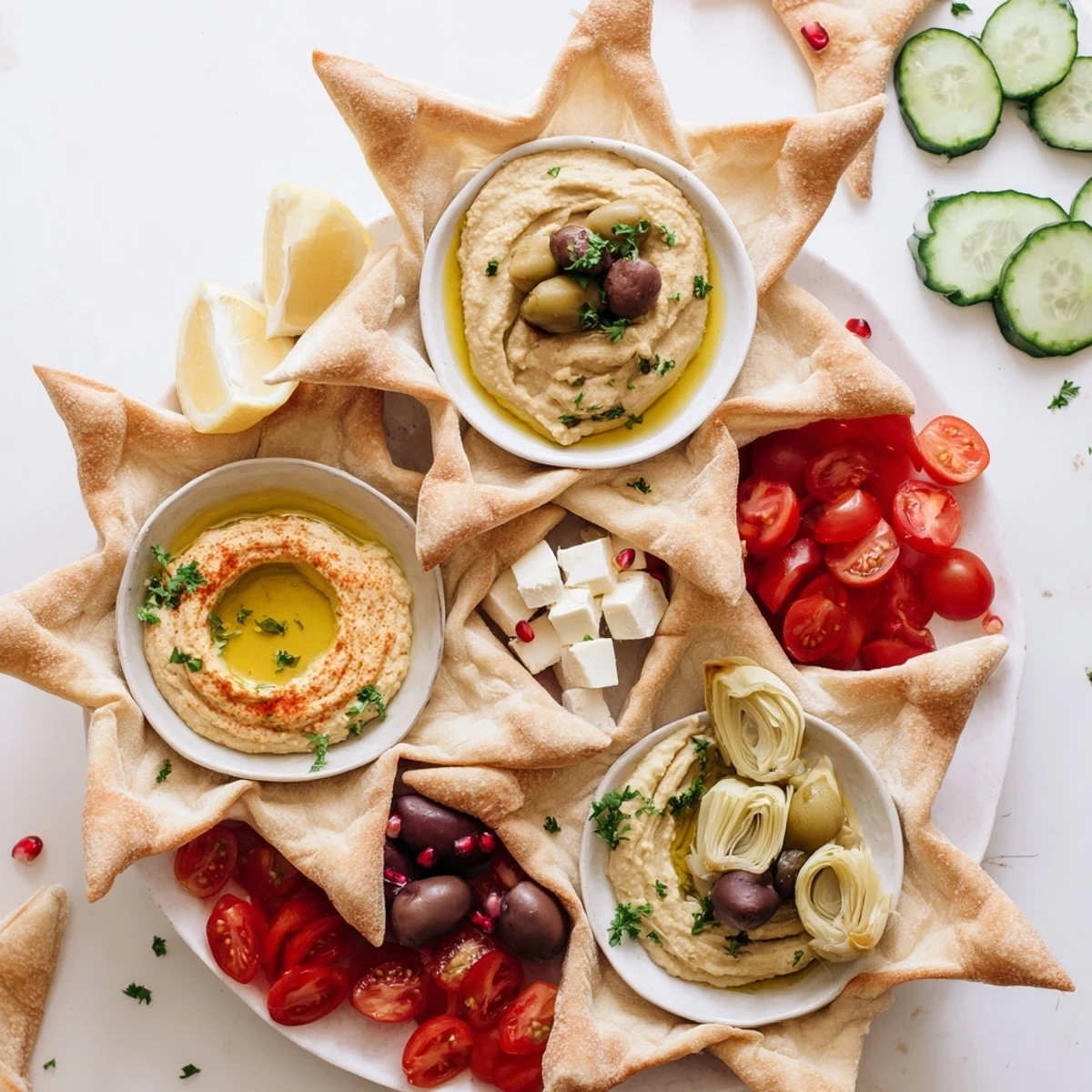 This delectable Three Kings Star Pita Board includes a variety of Mediterranean appetizers and fresh vegetable garnishes.