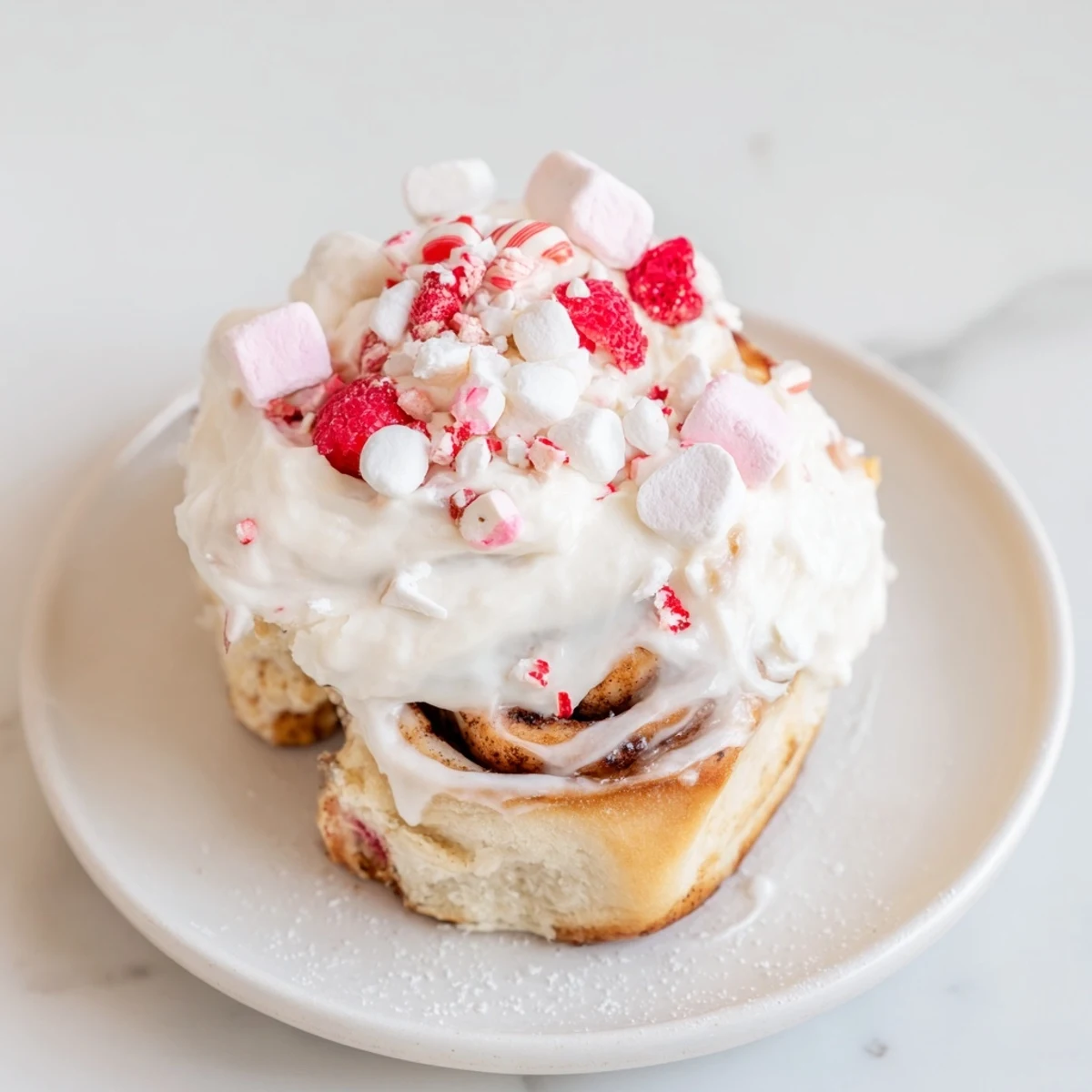 A festive North Pole Cinnamon Roll Board with frosted rolls, marshmallows, and berries makes a delicious brunch.