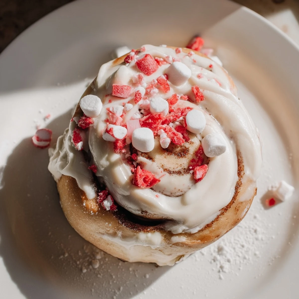 Golden-baked North Pole Cinnamon Rolls arranged artfully with peppermint and white chocolate chips look inviting.