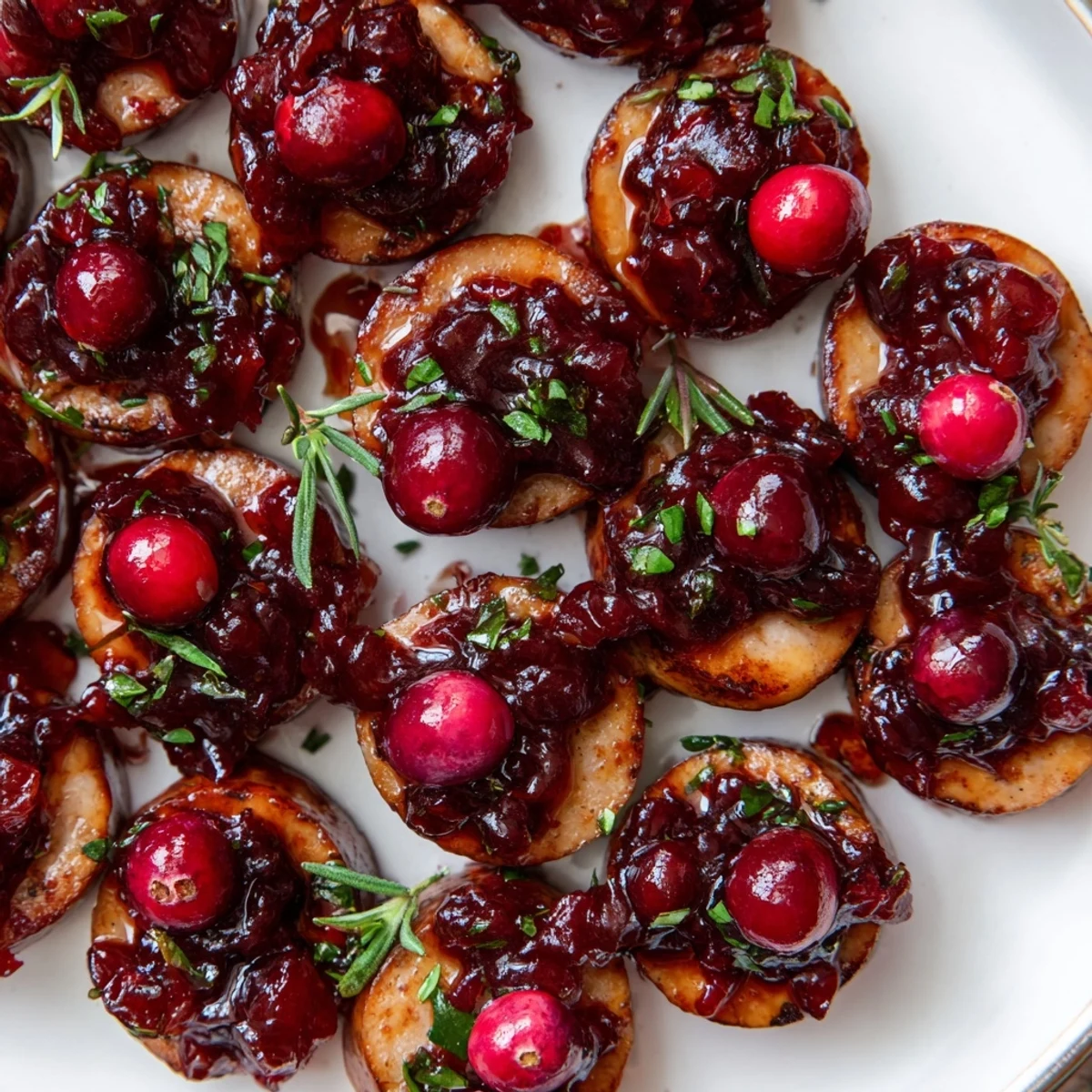 Festive Holly Berry Sausage Bites, glistening with cranberry, ready to serve as a perfect appetizer for guests.