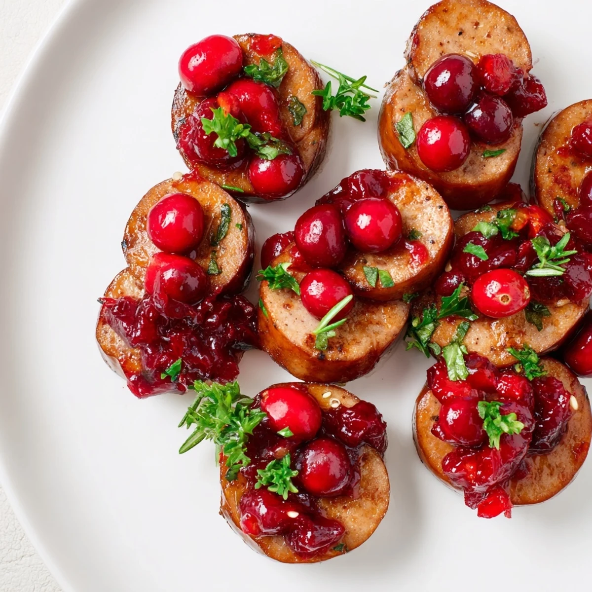 Close-up of golden-brown Festive Holly Berry Sausage Bites, savory bites topped with festive cranberry and herbs.