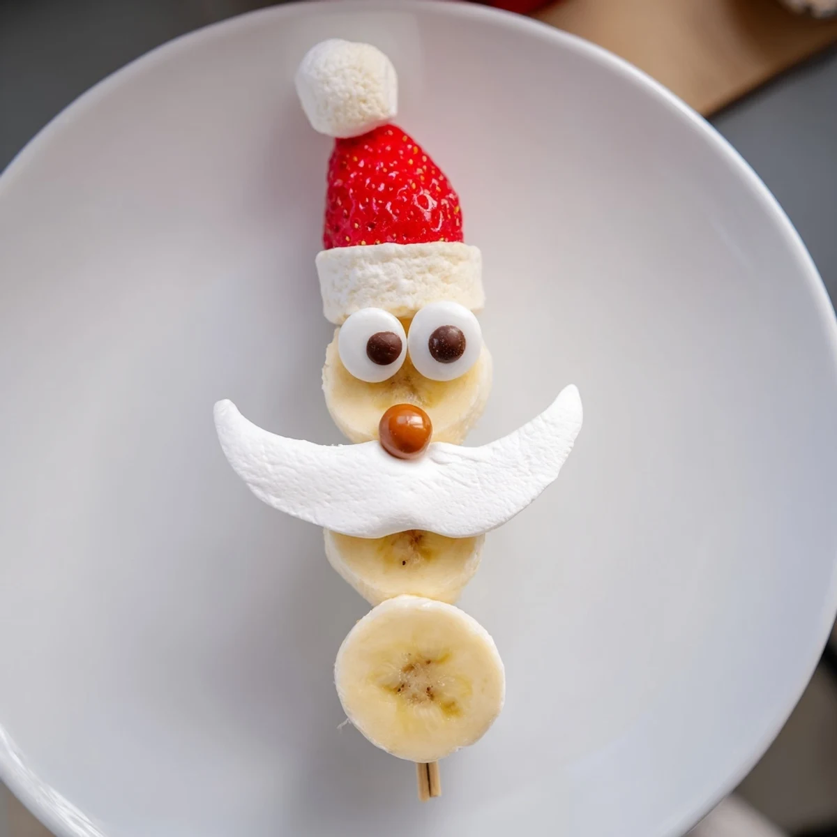 Sweet Banana Santa Snack Sticks presented on skewers, ready for a healthy holiday dessert.