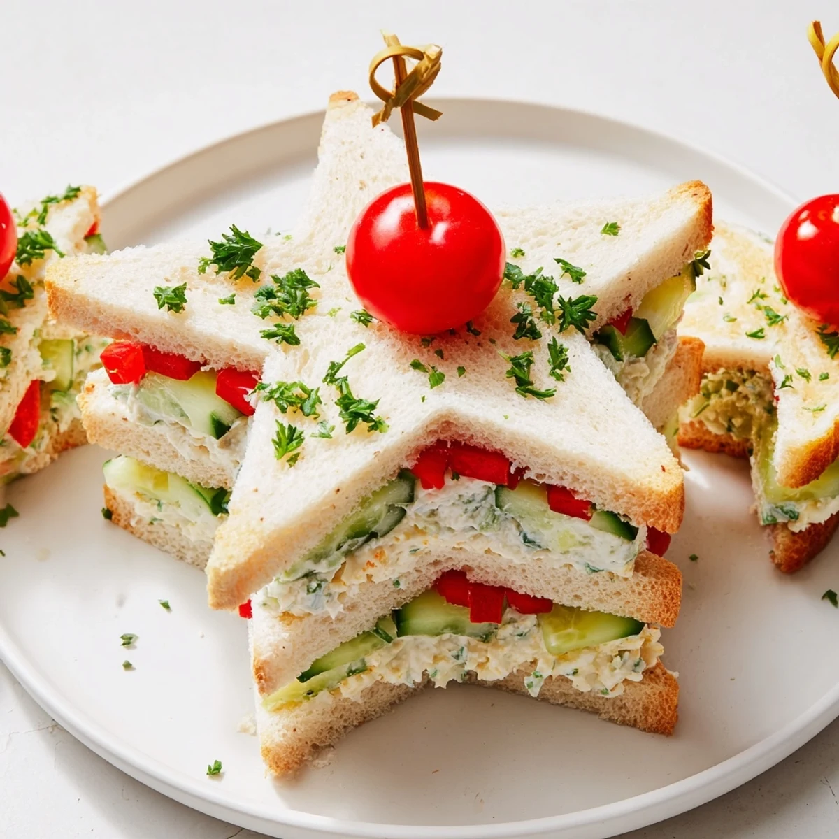 Golden, star-shaped Stacked Star Christmas Tree Sandwiches, layered with cream cheese and vegetables, are festive and delicious snacks.