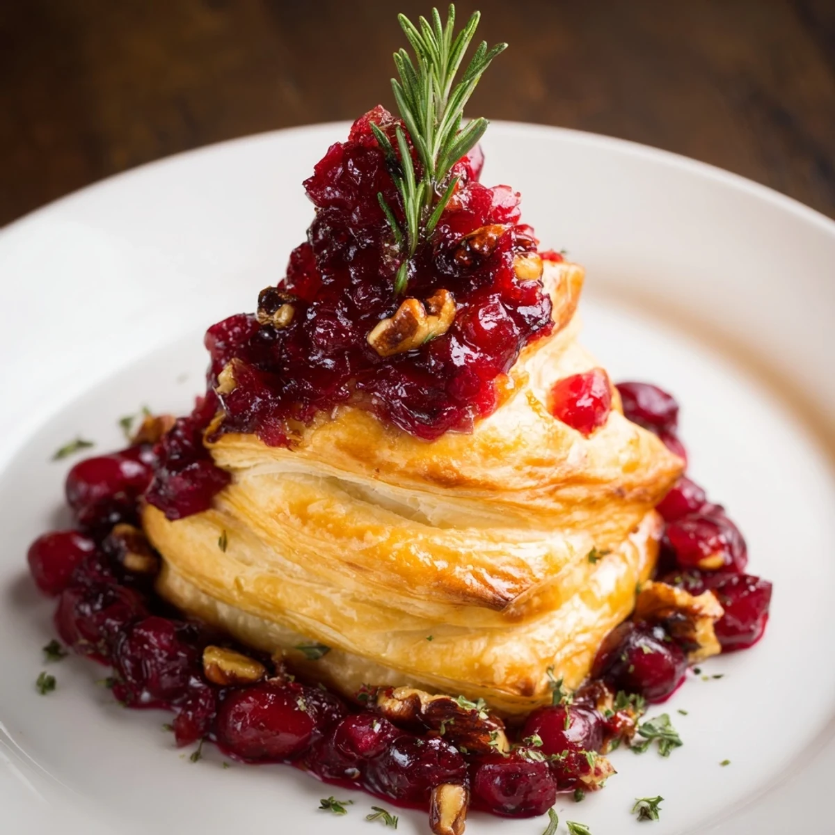 Warm, creamy Brie en Croûte Pine Tree, oozing with cranberry sauce, and served with toasty pecans for the holidays.