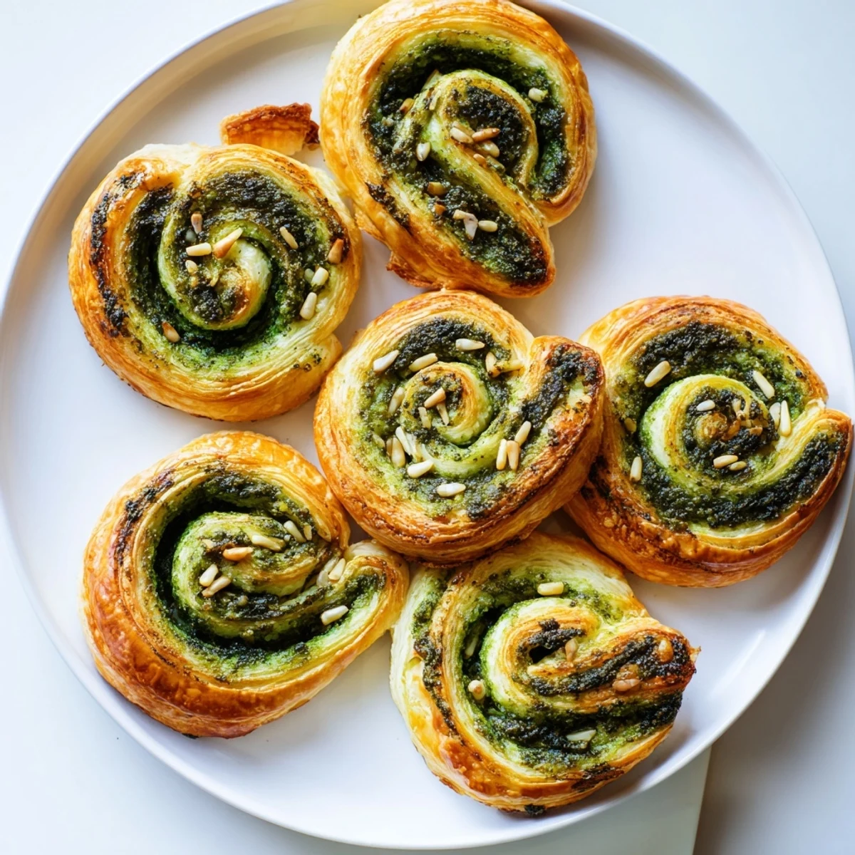 Close-up of baked Savory Bites: Star-Shaped Pesto Pinwheels, highlighting the crispy pastry and vibrant pesto filling.