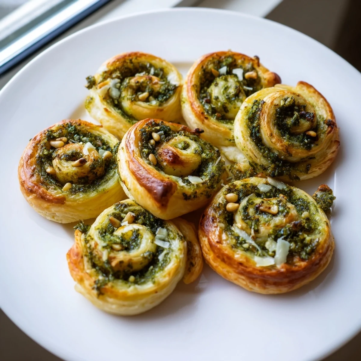 Delicious, warm Savory Bites: Star-Shaped Pesto Pinwheels, ready to enjoy with a glass of crisp white wine.