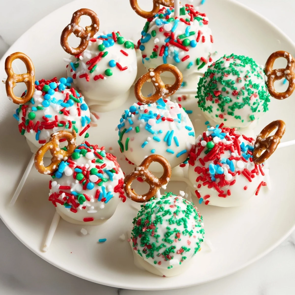 Vivid, close-up photo shows beautifully decorated ornament ball cake pops ready for your party.