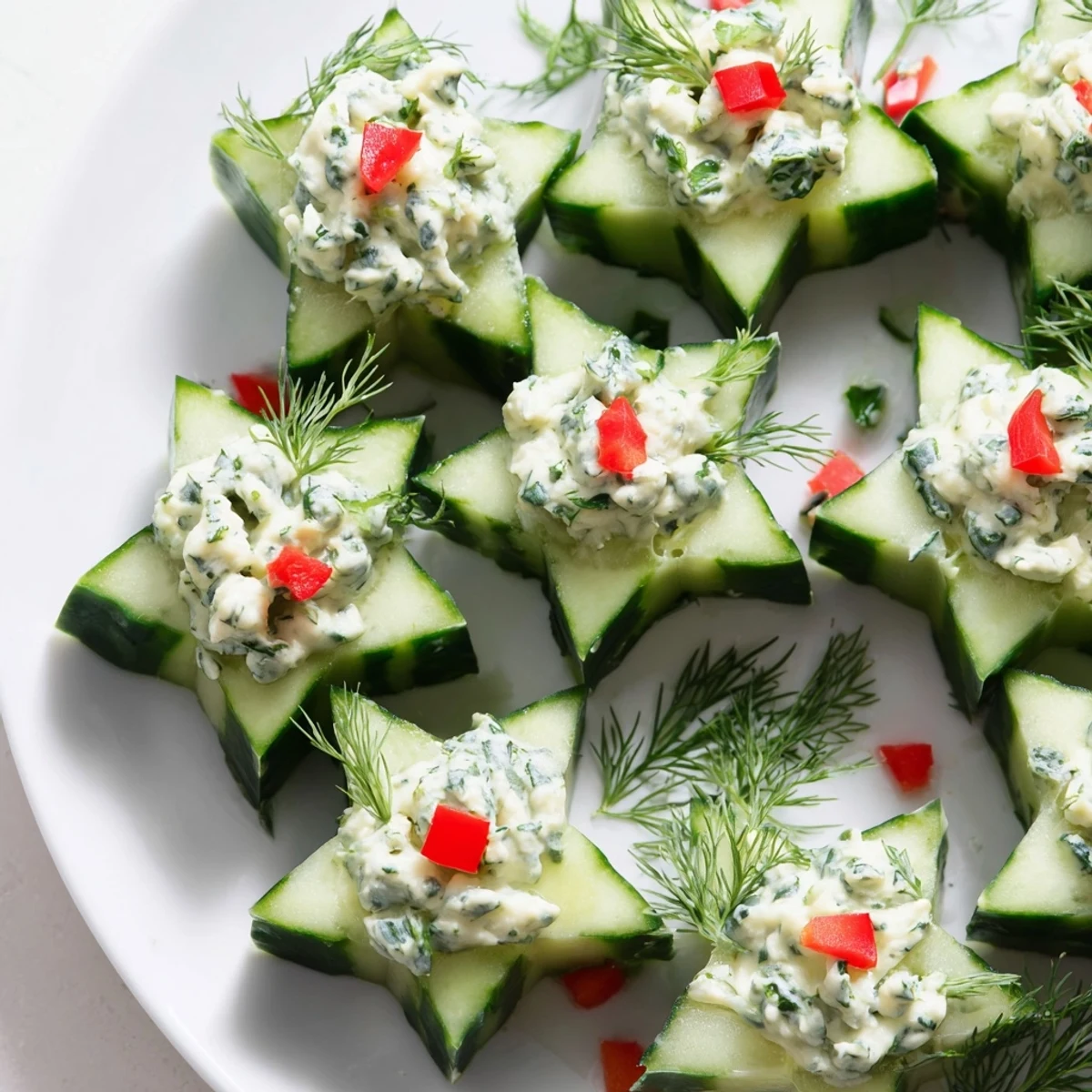 Vibrant Cucumber and Dill Christmas Stars appetizer, cheese piped on crispy cucumber, garnished with fresh dill.