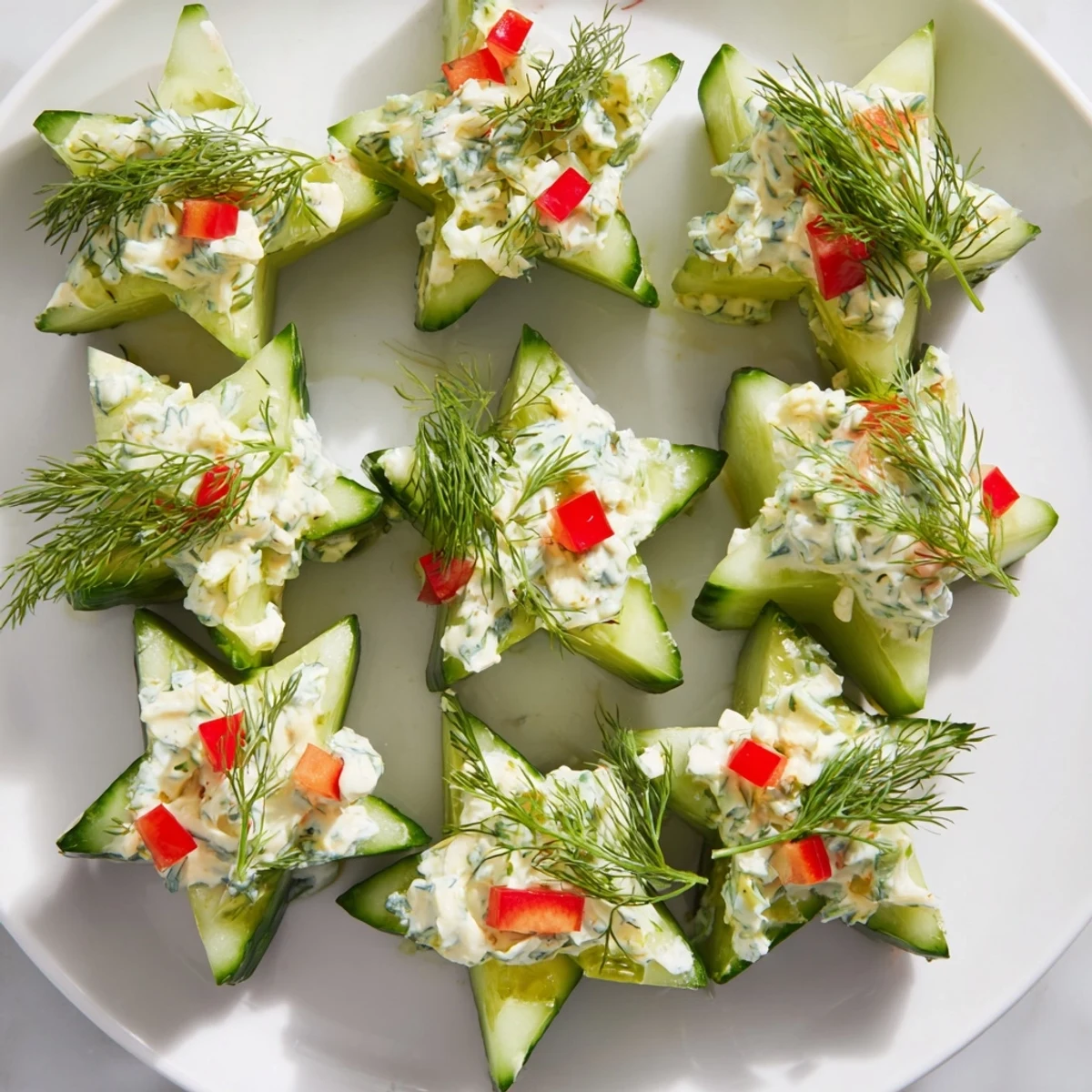 Delightful close-up showcasing flavorful cucumber and dill Christmas Stars, a simple, delicious holiday treat.