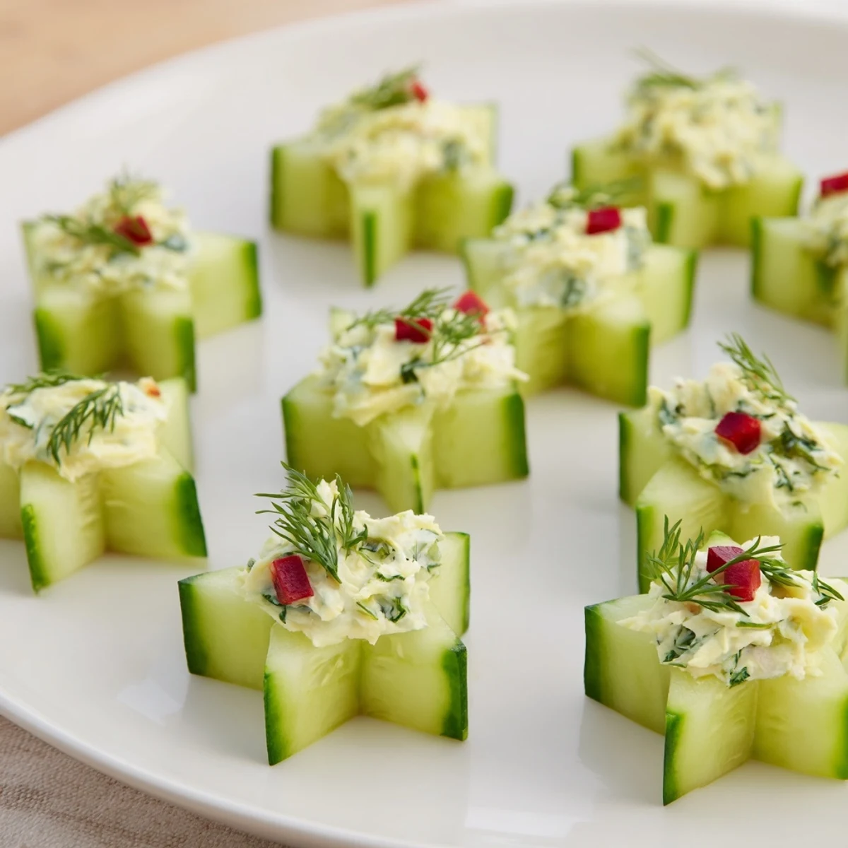Festive Cucumber and Dill Christmas Stars: creamy cheese stars atop cucumber slices, ready to serve as appetizers.