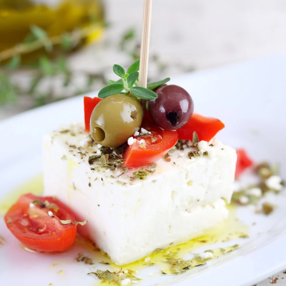 Holiday Cheers Olive and Feta Skewers arranged on a platter, ready to be enjoyed as a refreshing appetizer.