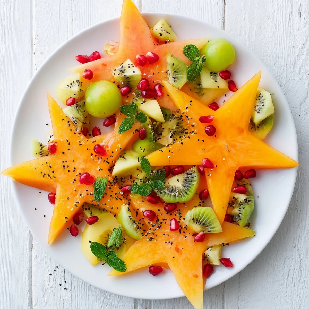 A refreshing Pomegranate and Mint Star Fruit Platter, ready to eat with juicy fruits and mint.