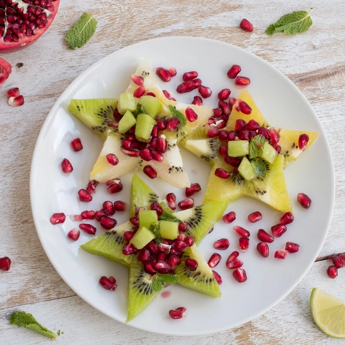 Vibrant Pomegranate and Mint Star Fruit Platter with glistening pomegranate seeds and fresh mint.