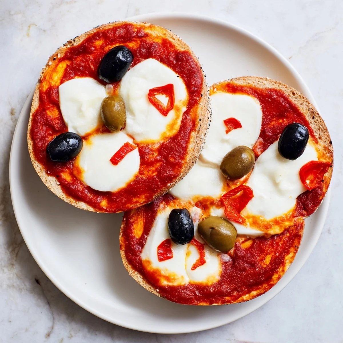 Homemade reindeer face pizza bagels with tomato noses and mini pretzel antlers, a playful, cheesy, easy snack.