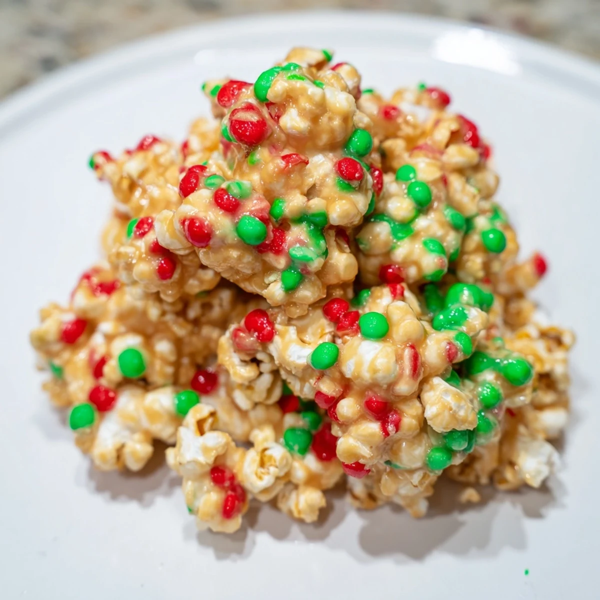 Warm, sticky popcorn piles glistening with holiday sprinkles, perfect for sharing and holiday treats.
