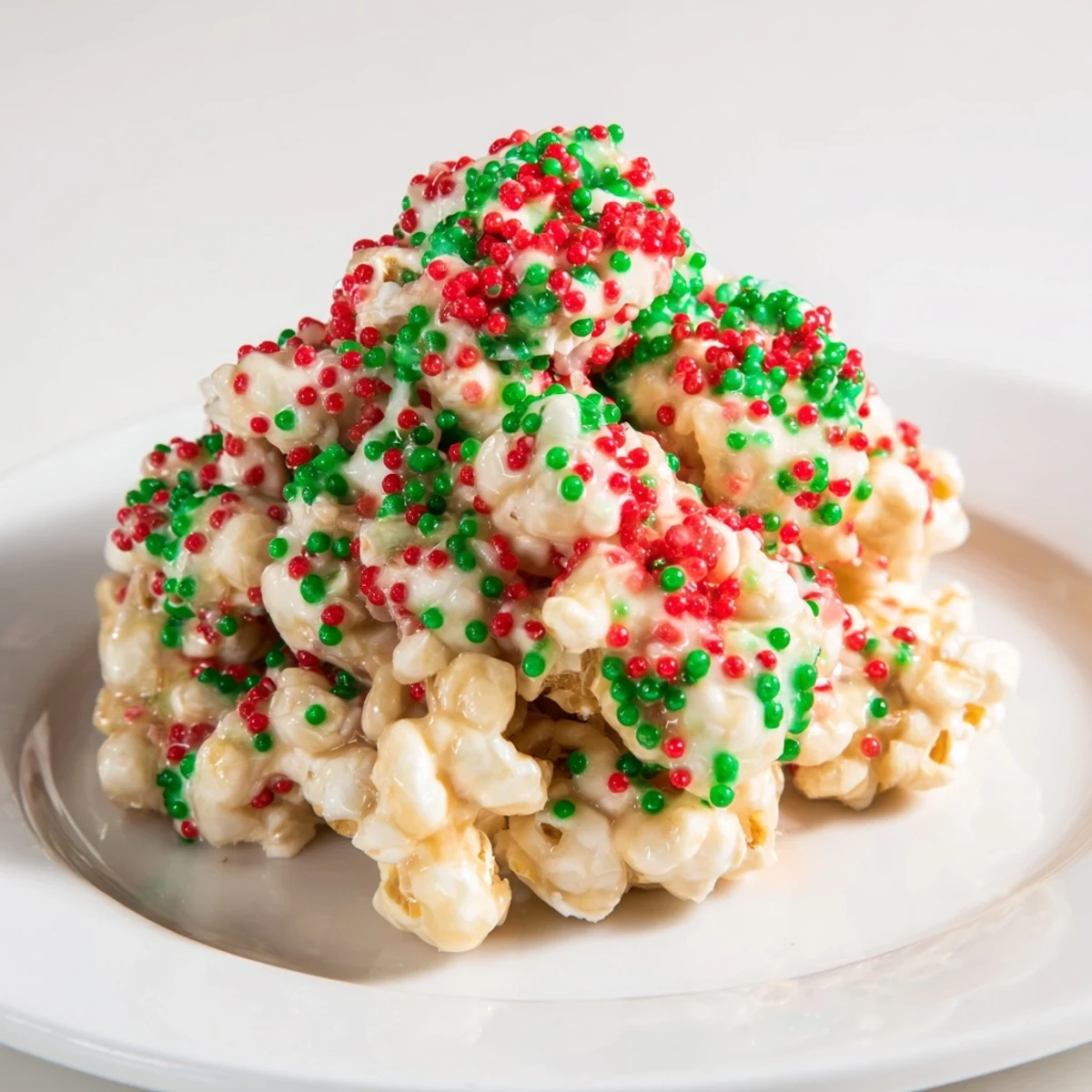 Festive popcorn piles with vibrant red and green sprinkles, a sweet snack ready in minutes.