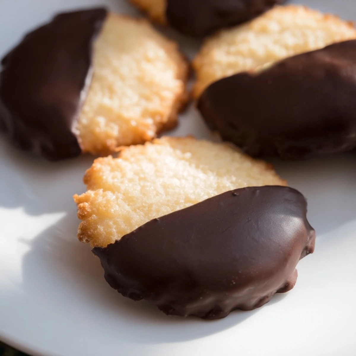 Crisp vanilla wafers dipped in glossy semi-sweet chocolate, a perfect simple cookies treat.