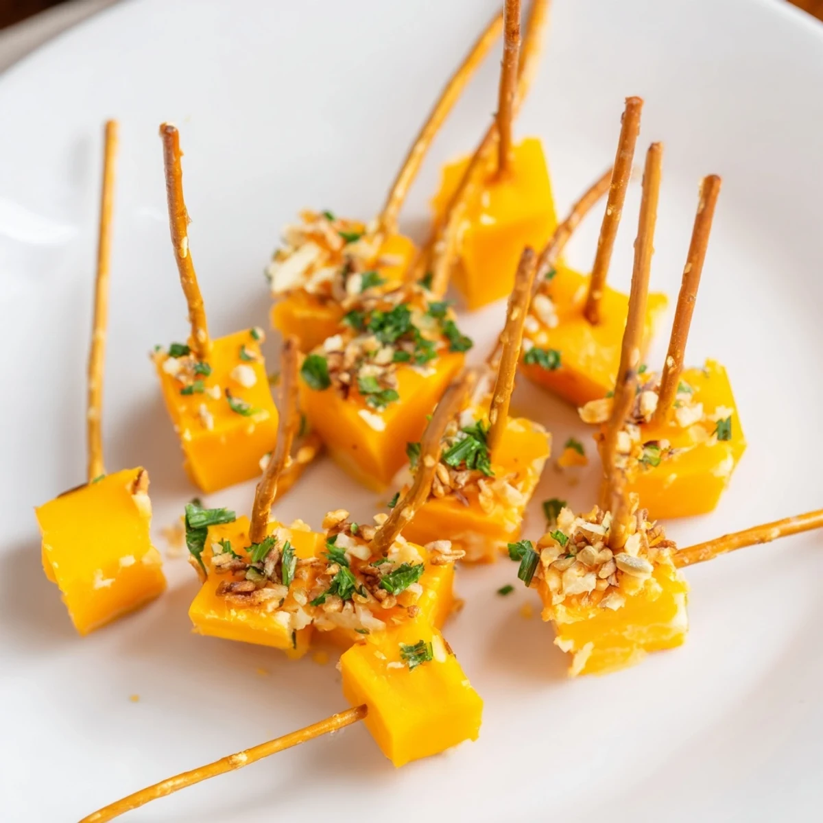 Sharp cheddar cheese cubes on pretzel sticks form festive NYE cheese sparklers, ready to eat!
