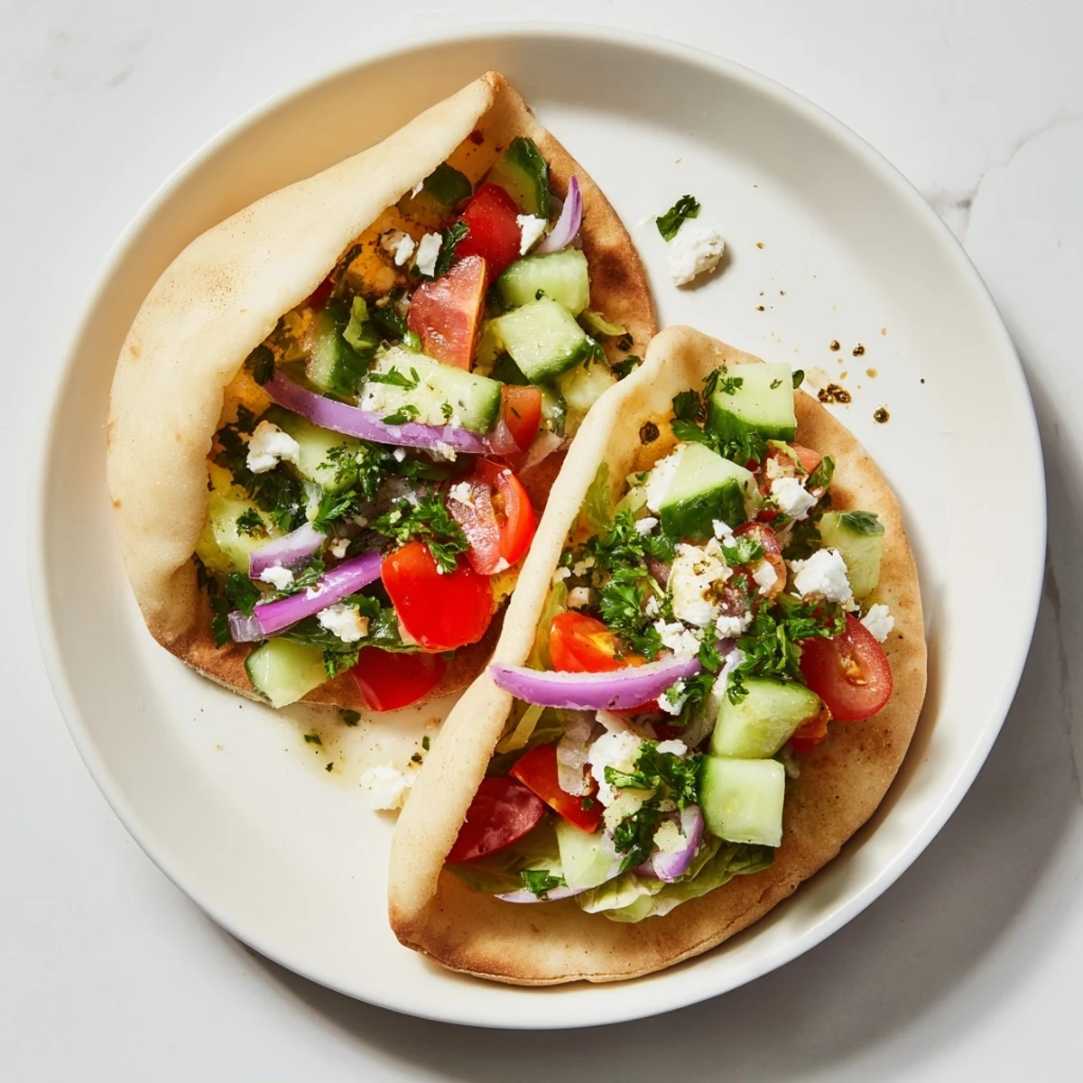Warm mini pita pockets filled with fresh, colorful vegetables next to vibrant hummus bowls.