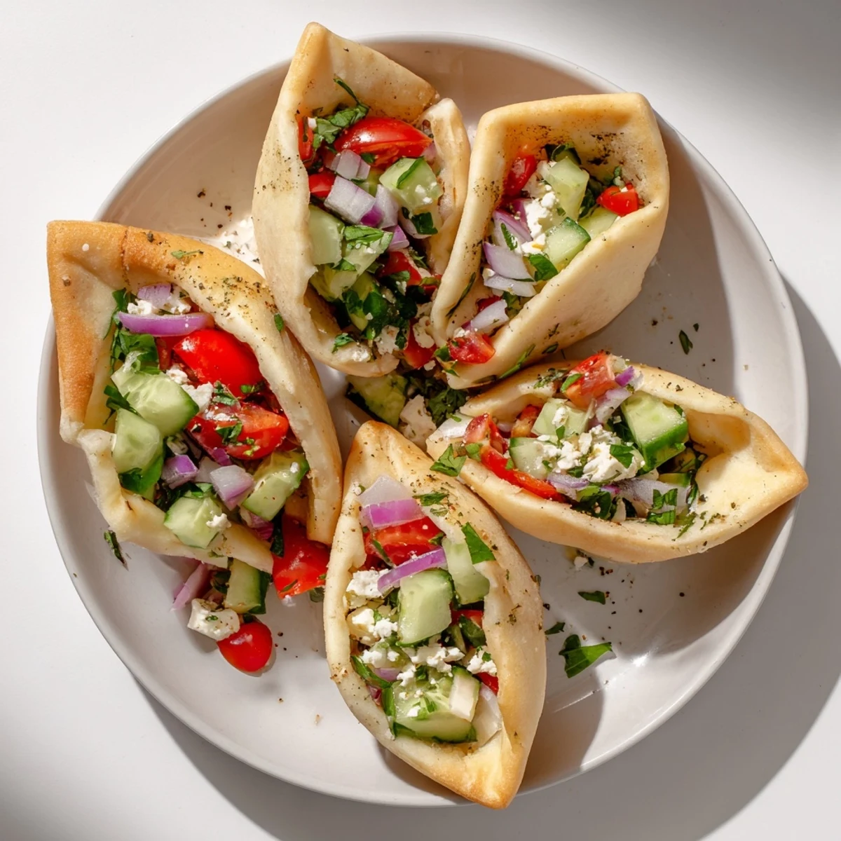 Close-up of a delicious savory board: fill the mini pita pockets with fresh toppings.