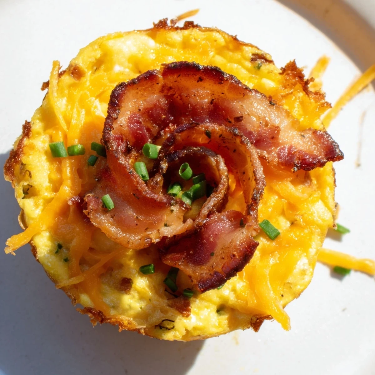 Golden-brown Scrambled Egg Cups with bacon spirals, a delicious savory American brunch idea.