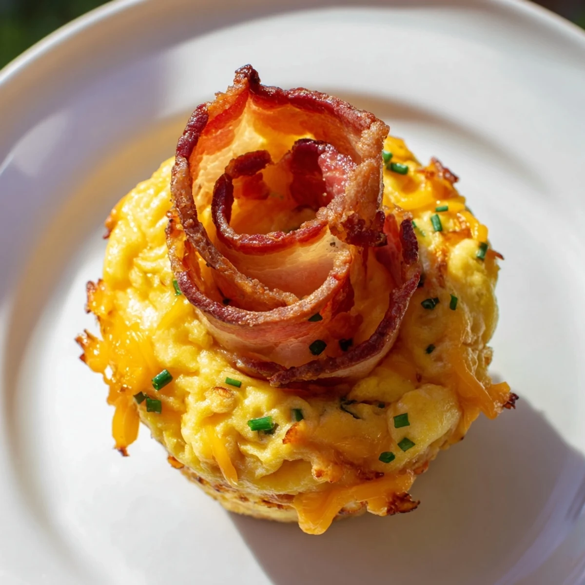 Perfectly baked Scrambled Egg Cups showcasing fluffy eggs and a crispy bacon garnish for brunch.