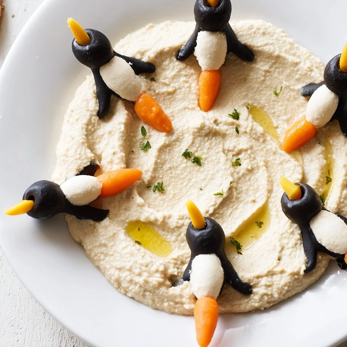 Mediterranean-inspired Winter Dip: imagine smooth white bean dip with cute olive penguins surrounding it.