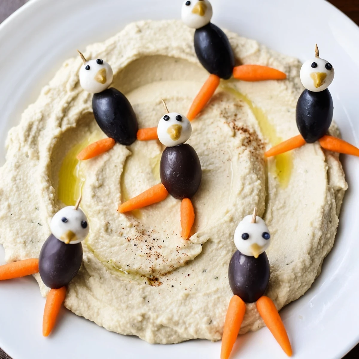 Creamy Winter Dip, a white bean dip topped with adorable olive penguin garnishes for festive serving.