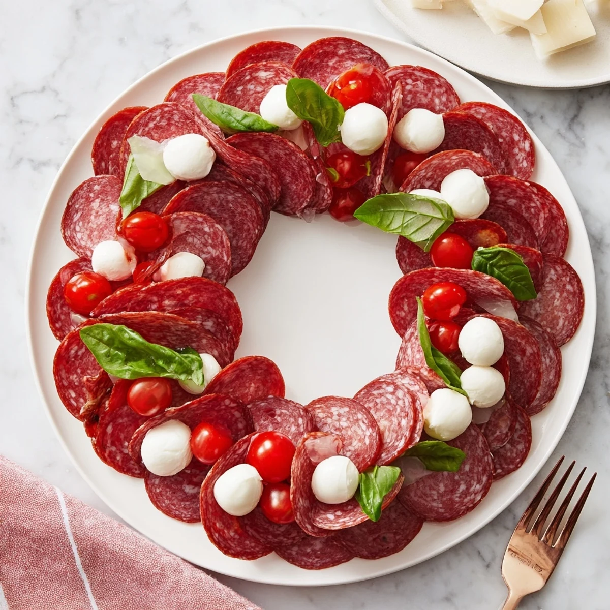 Artfully arranged Folded Salami Wreath glistens with fresh mozzarella and vibrant cherry tomatoes for serving.