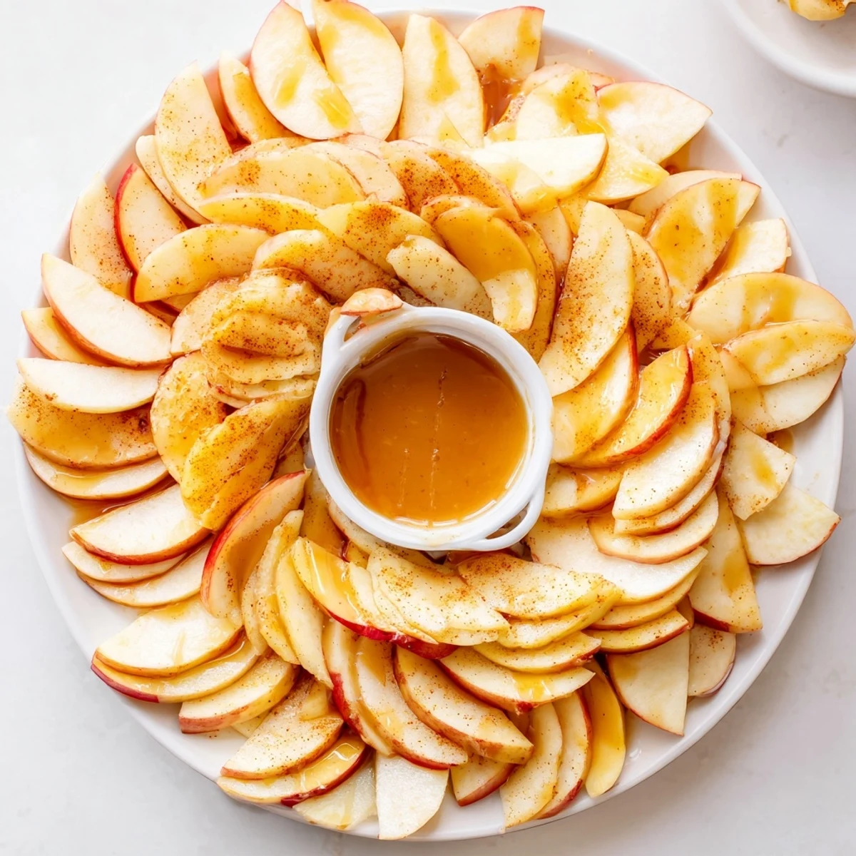 Golden, luscious homemade caramel dip surrounded by arranged fresh apple slices.