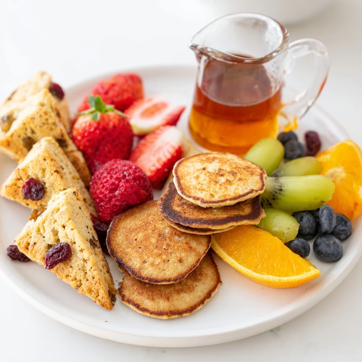 Breakfast Brunch Board Bliss with fluffy pancakes, fresh fruit, scones, and syrup, ready to serve.