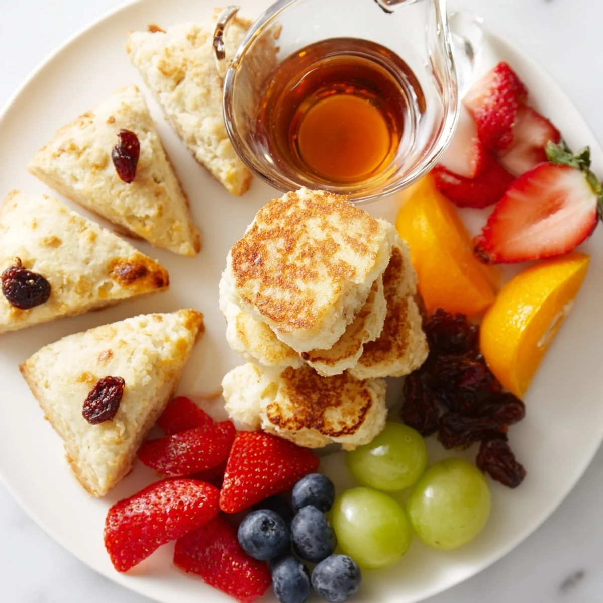 A beautiful array of ingredients makes this Breakfast Brunch Board Bliss appealing—pancakes, fruits, and pastries.